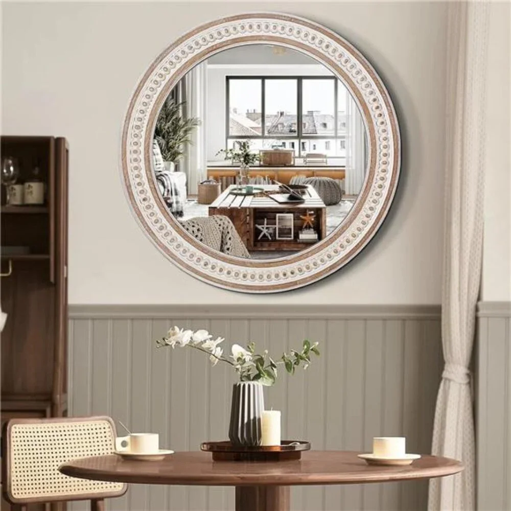 24 Inches Rustic Round Wall Mirrors -Wooden Farmhouse Circle Mirror for Bathroom